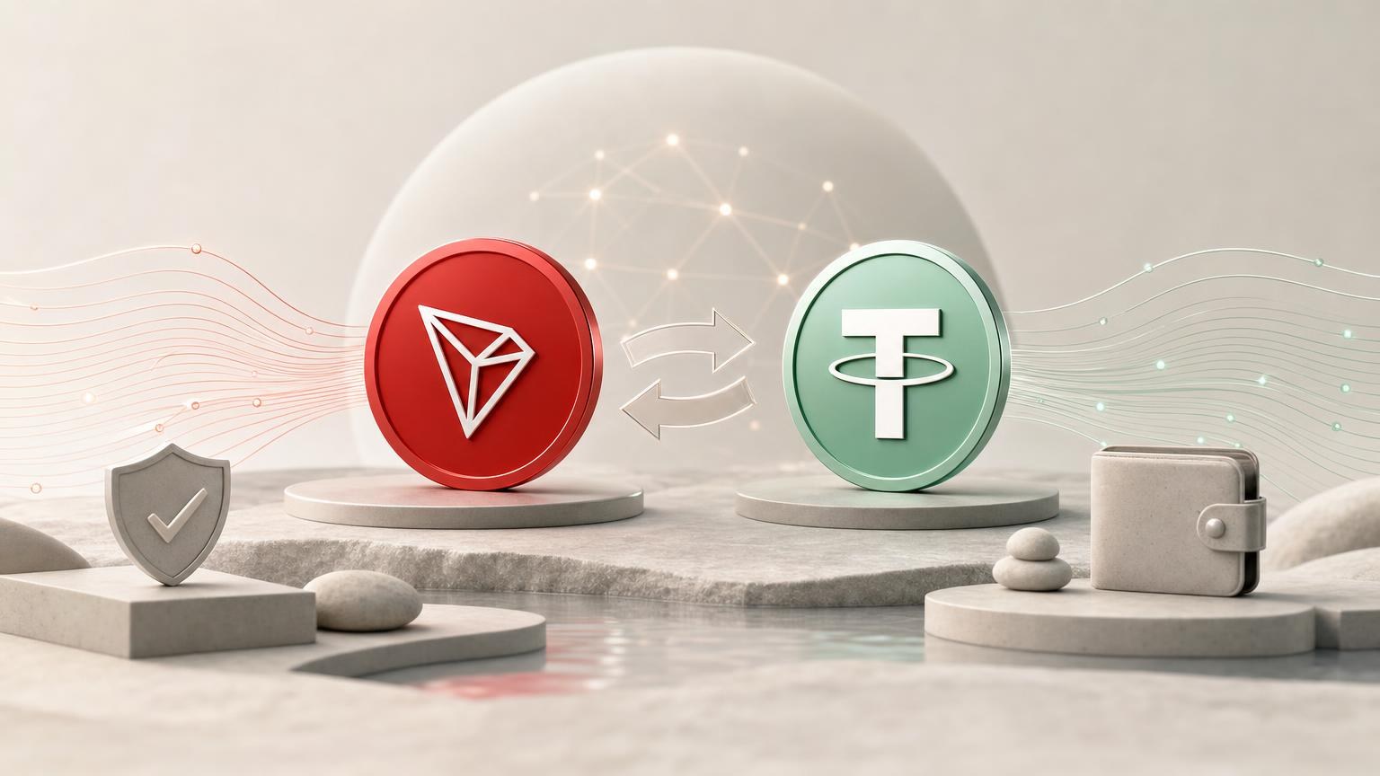 A beginner checks the TRON network, TRX amount, USDT receiving address, exchange quote, and transaction status before confirming a swap